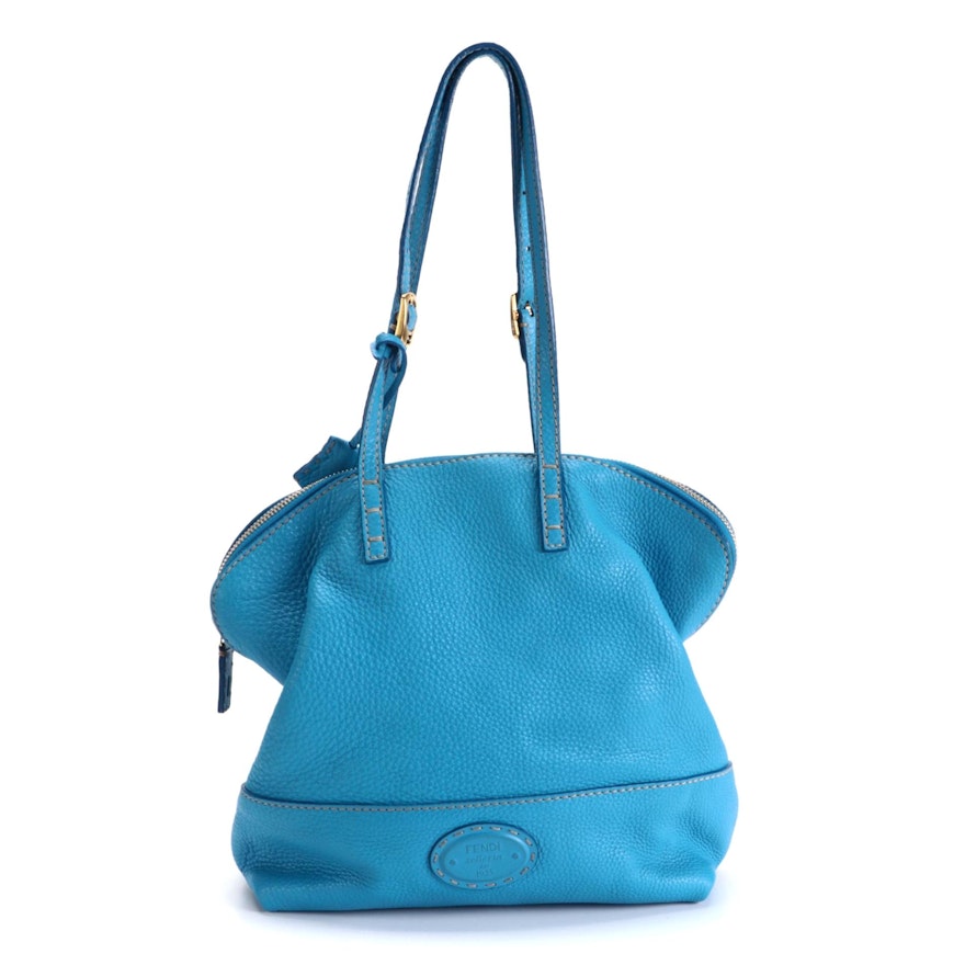 Fendi Selleria Blue Grained Leather Shoulder Bag