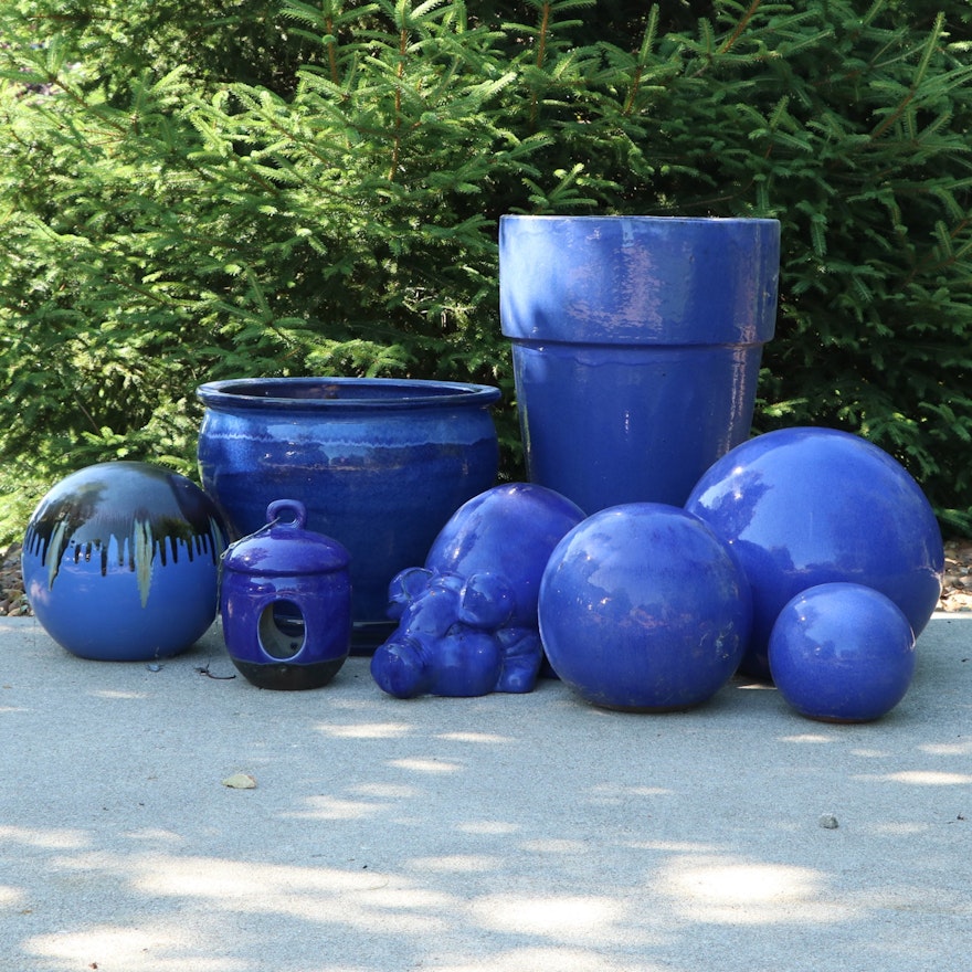 Cerulean Blue Glazed Terracotta Planters, Garden Spheres and Décor