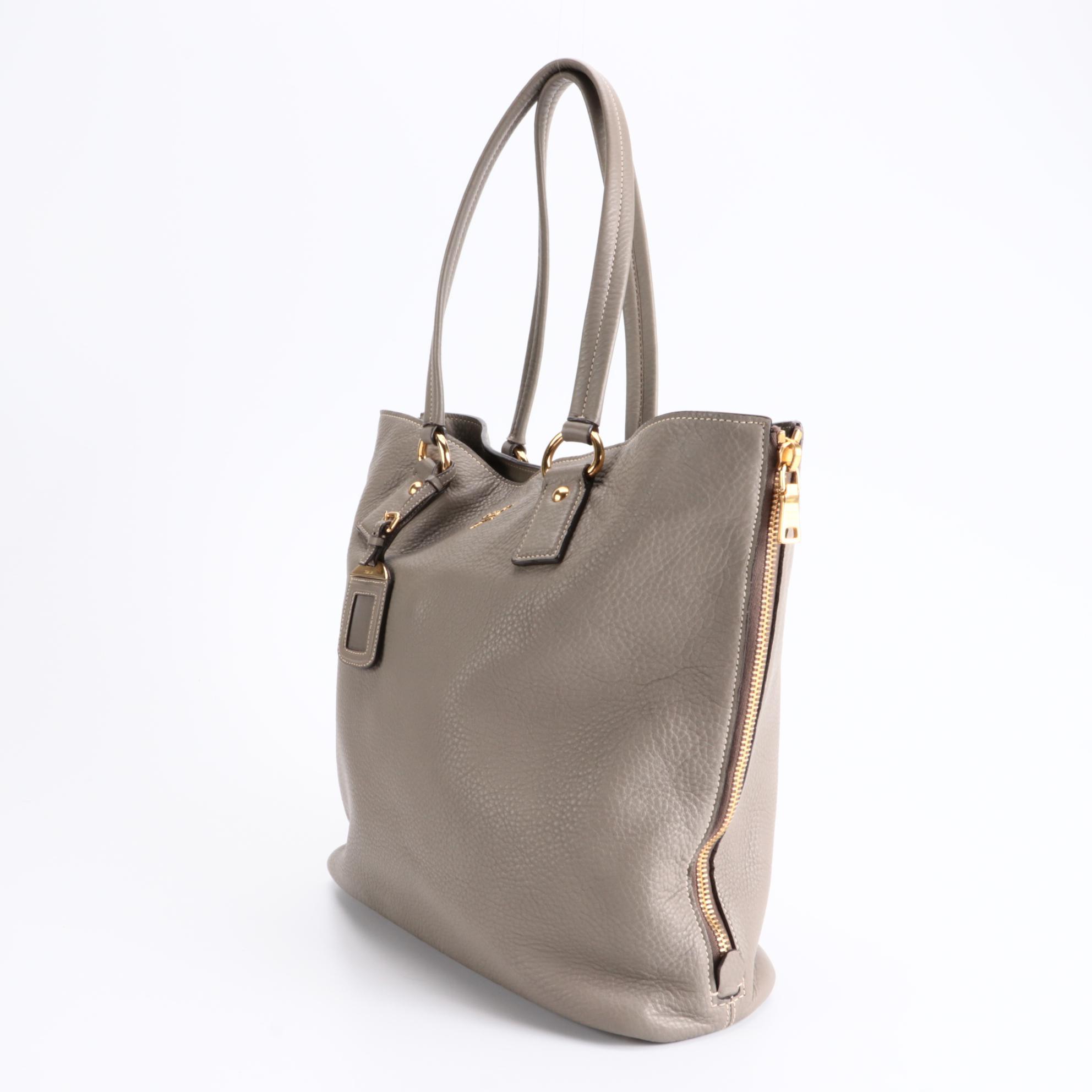 Prada Grey Vitello Daino Leather Side Zip Tote