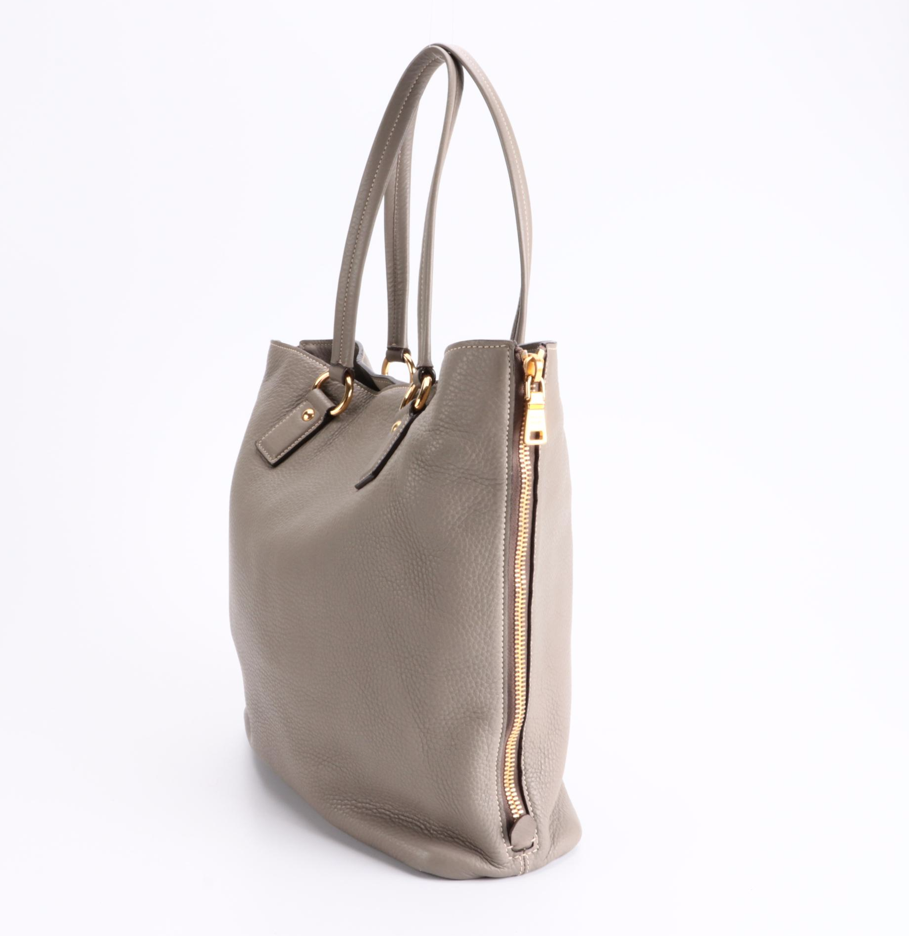Prada Grey Vitello Daino Leather Side Zip Tote