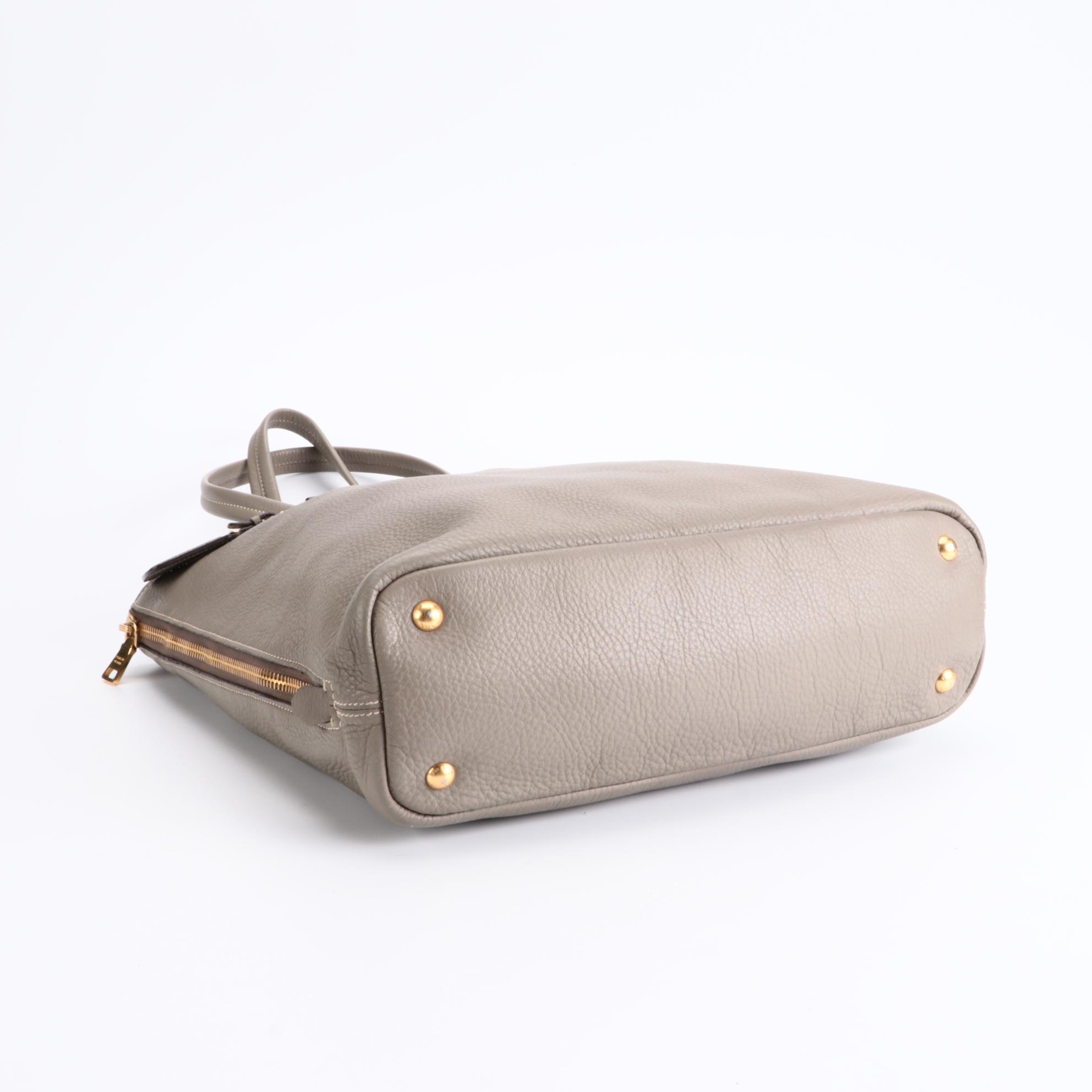 Prada Grey Vitello Daino Leather Side Zip Tote