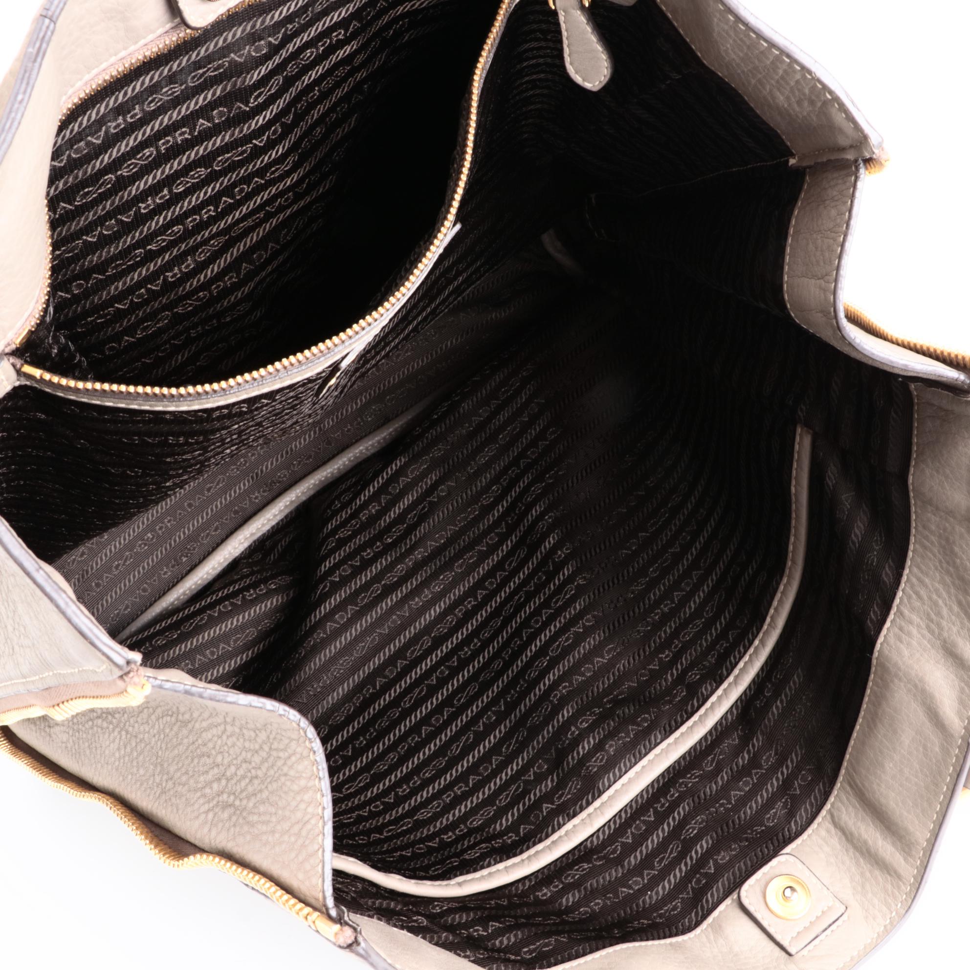 Prada Grey Vitello Daino Leather Side Zip Tote