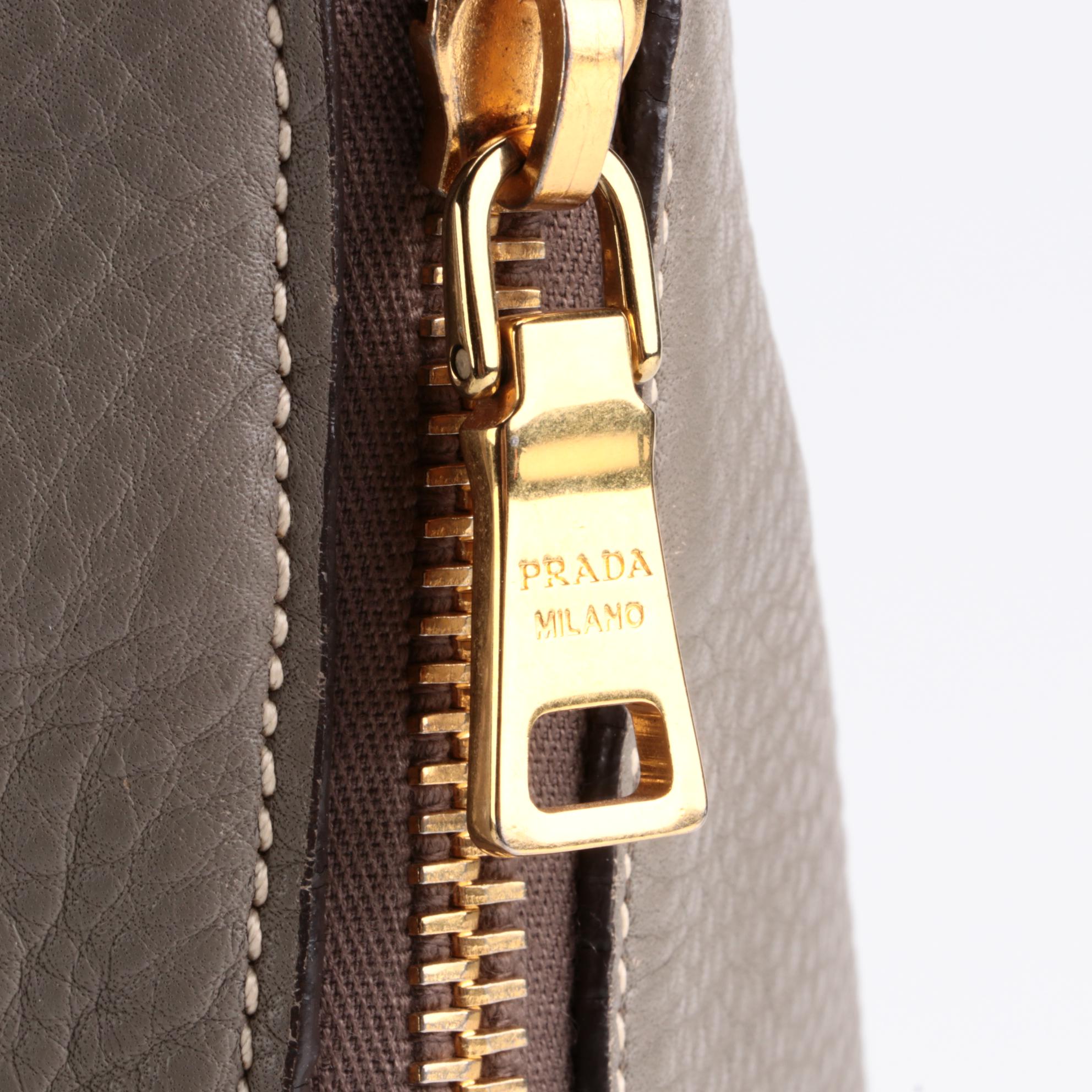 Prada Grey Vitello Daino Leather Side Zip Tote