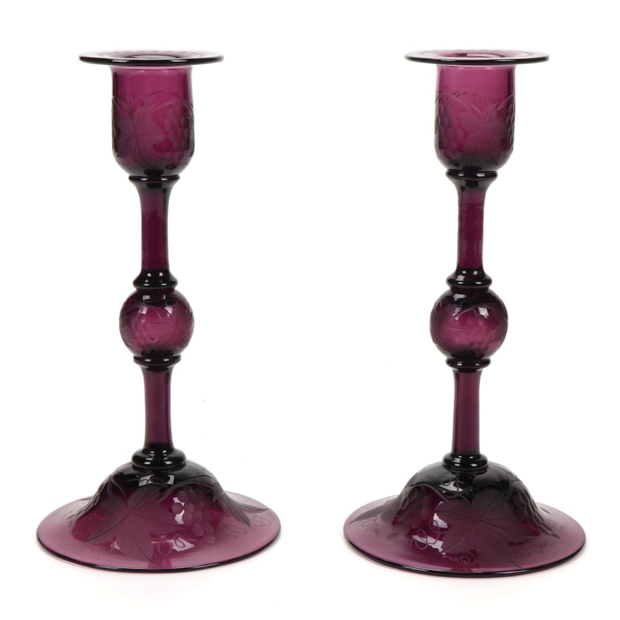 Grapevine Motif Etched Glass Candlesticks, Early to Mid-20th Century