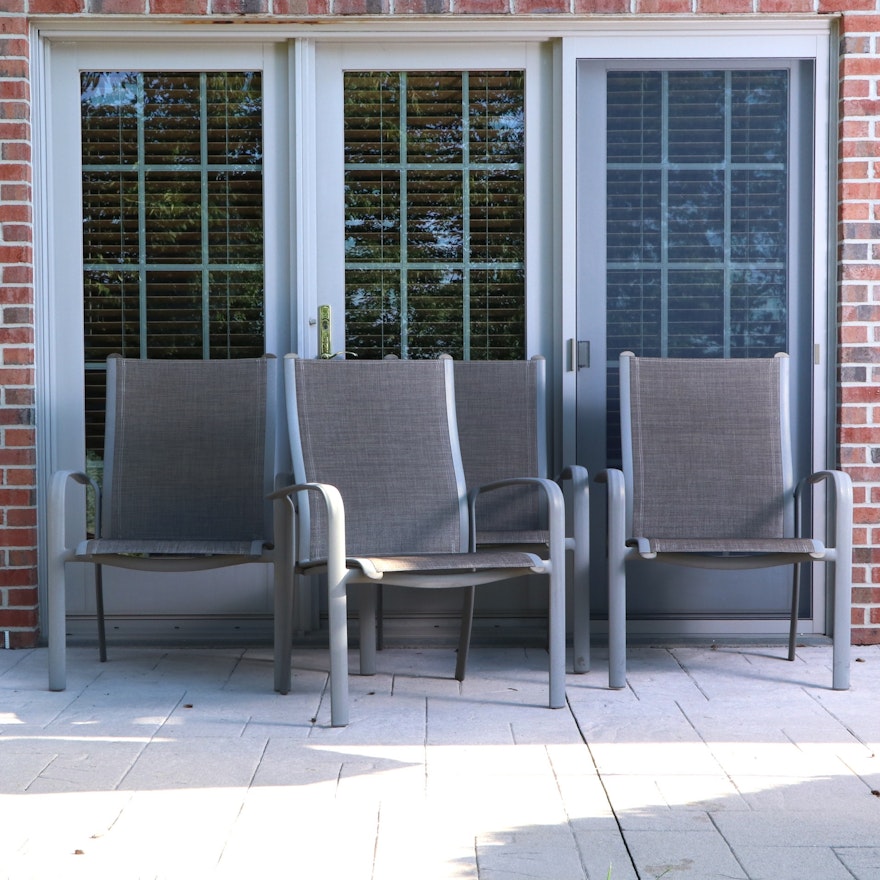 Set of Four Gray Aluminum Sling Patio Armchairs