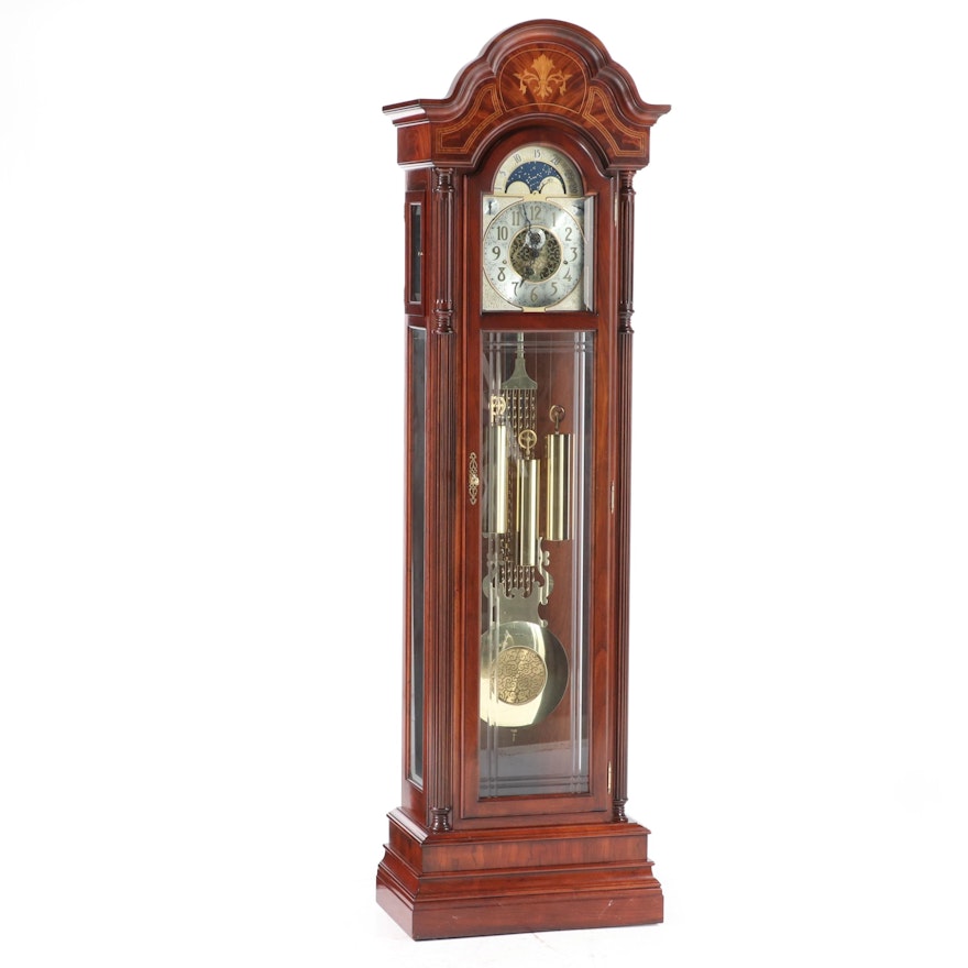 Sligh Federal Style Cherrywood, Flame Mahogany, and Marquetry Grandfather Clock