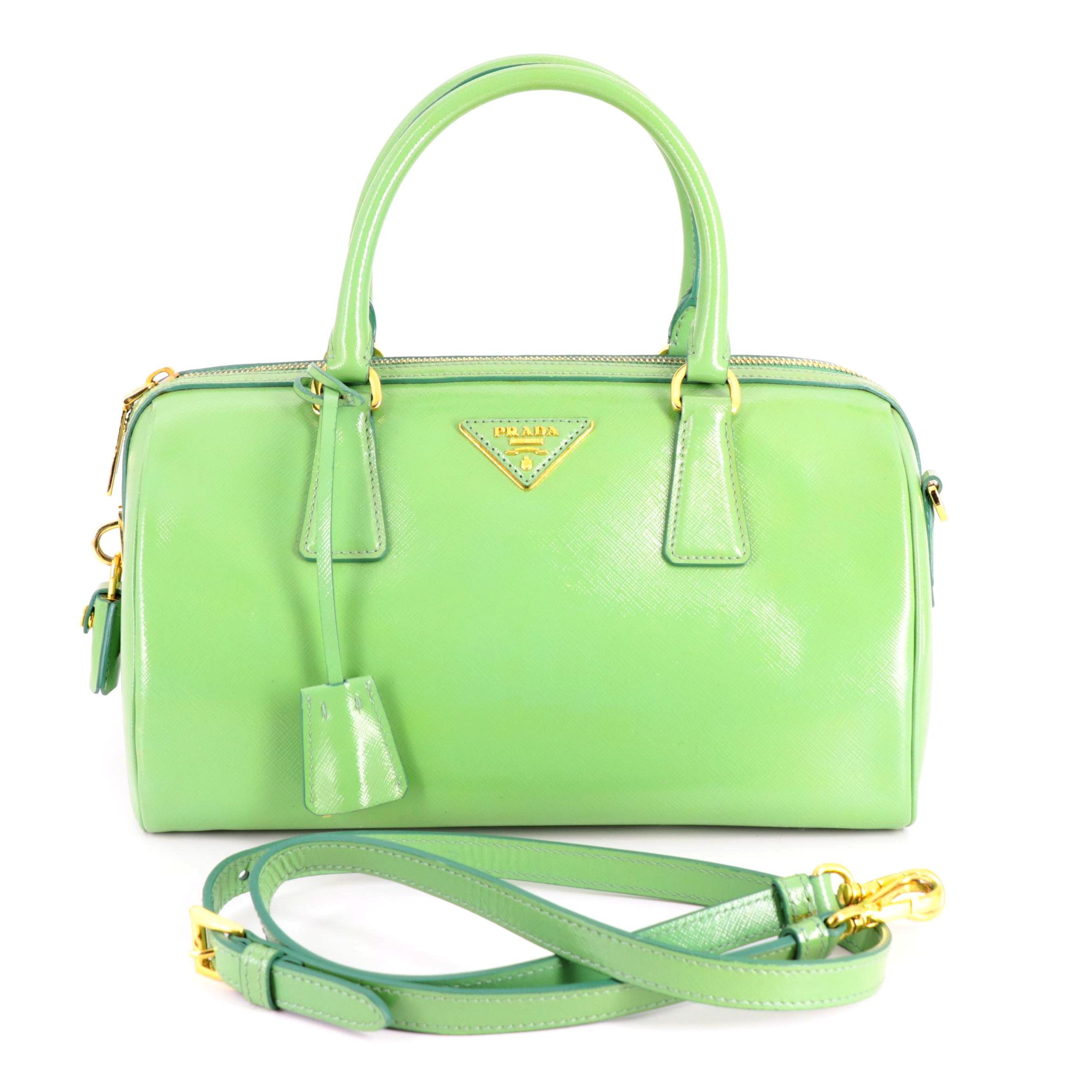 Prada Green Saffiano Patent Leather Bauletto Two-Way Bag
