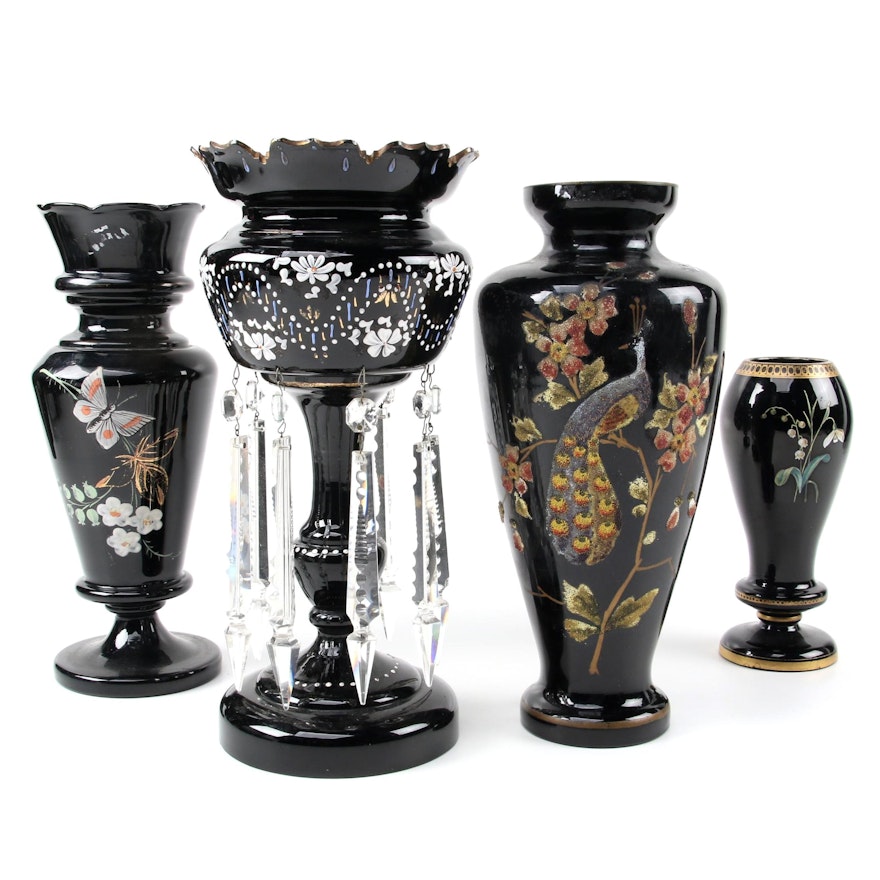 English Bristol Glass Black Amethyst Glass with Vases, and Mantel Luster