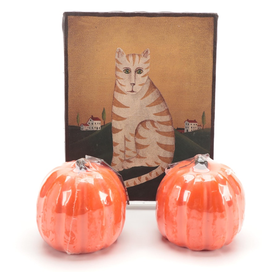 Folk Art Style Acrylic Painting "Thomas the Cat" and Pumpkin Form Candles