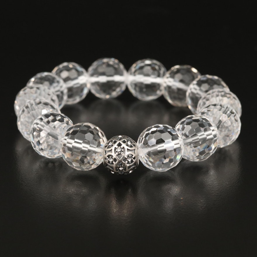 Sterling Rock Quartz Crystal and Rhinestone Beaded Expandable Bracelet