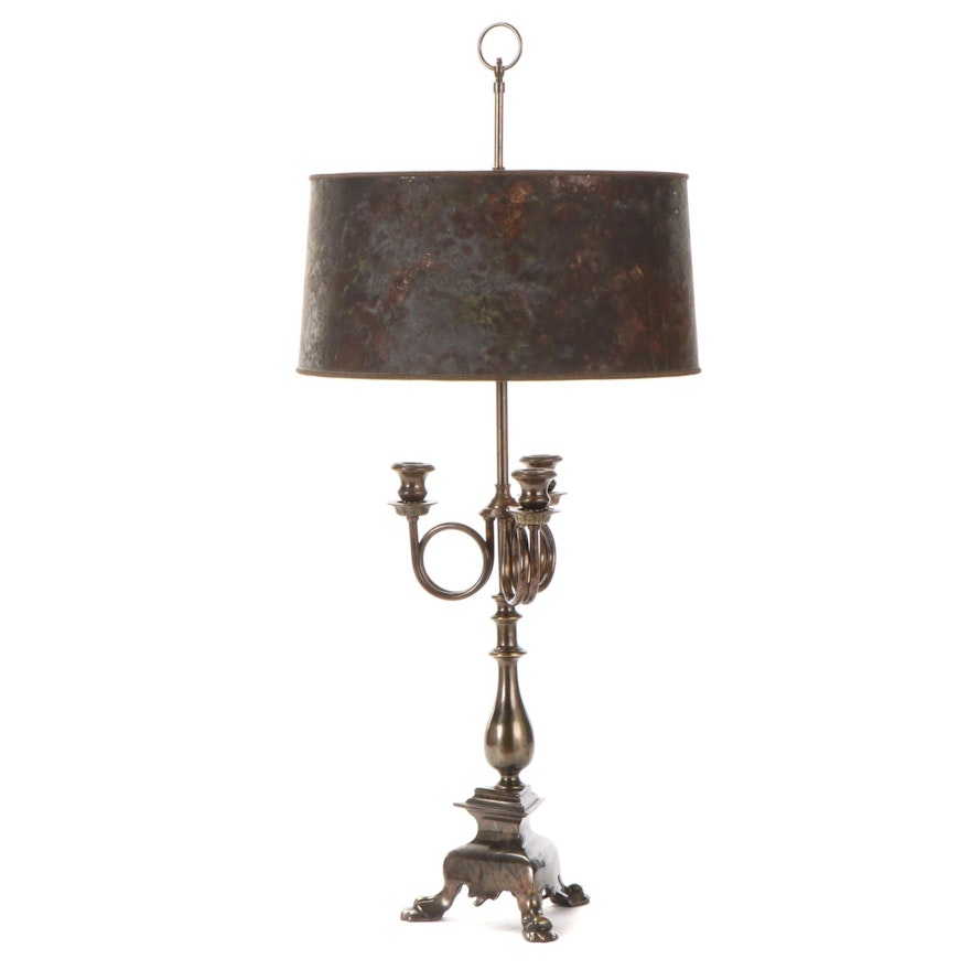 Bronzed Metal and Brass Candelabra Table Lamp with Drum Diffuser Shade