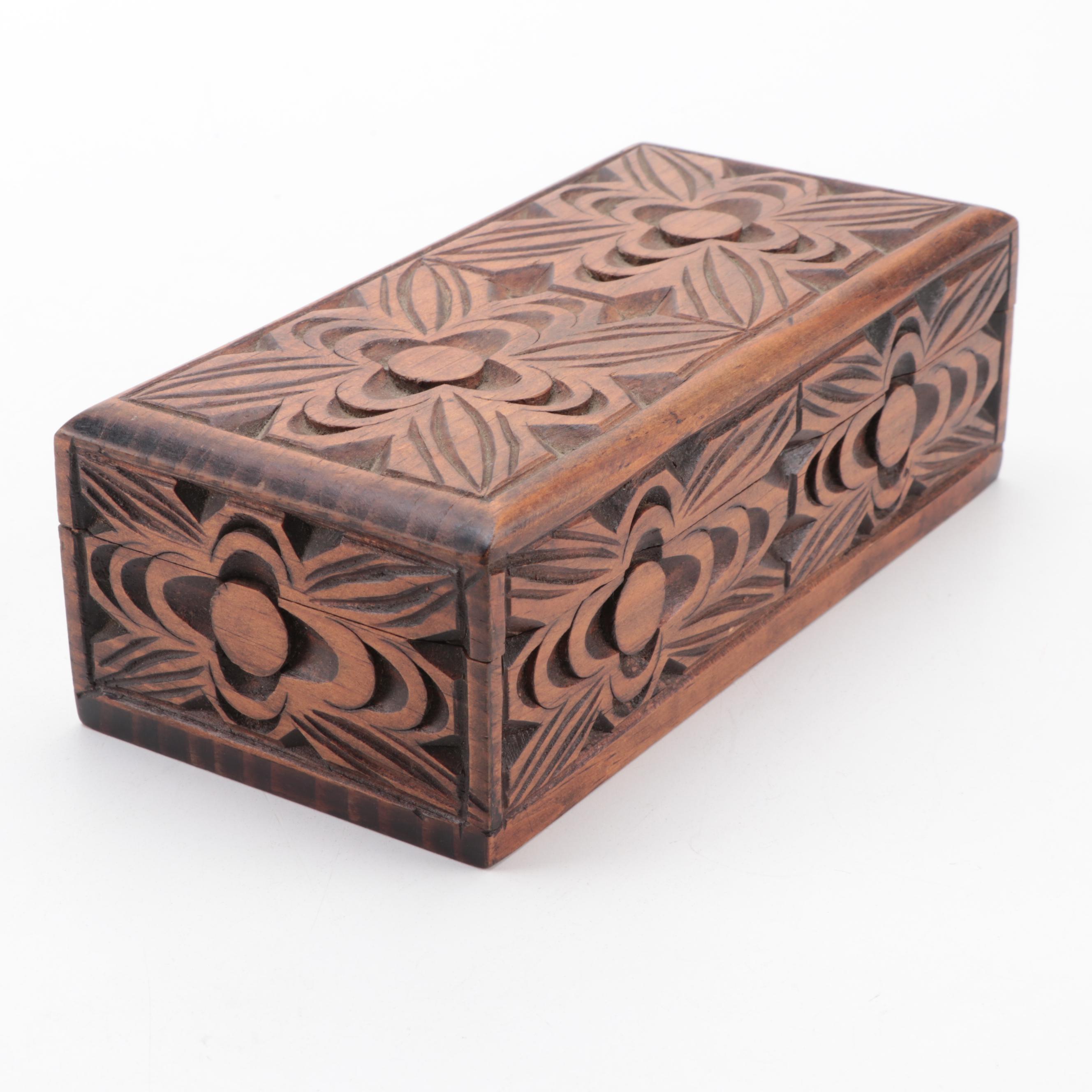 Flemish Art Co. Pyrography Trinket Box with Hand-Carved Hinged Wooden Boxes
