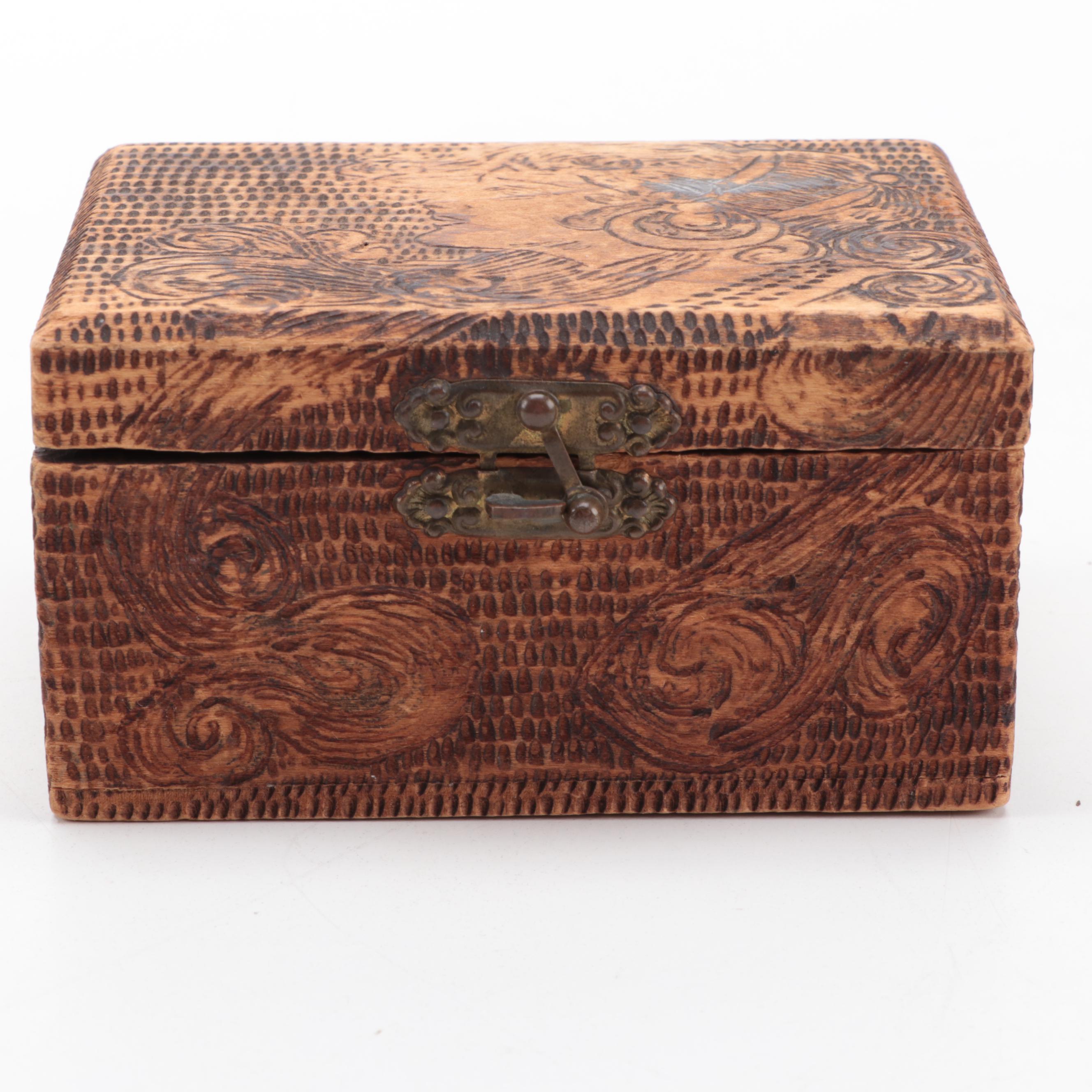 Flemish Art Co. Pyrography Trinket Box with Hand-Carved Hinged Wooden Boxes