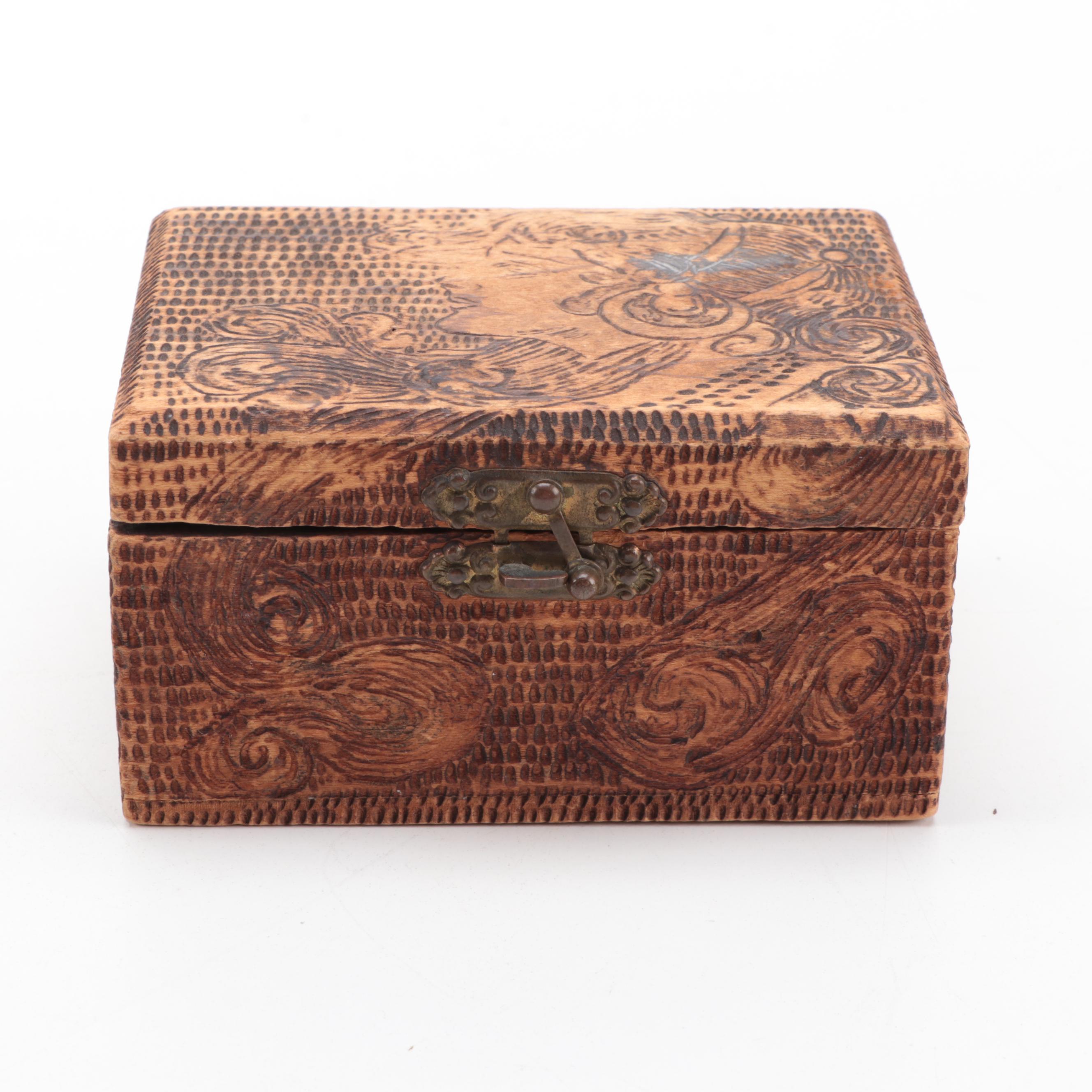 Flemish Art Co. Pyrography Trinket Box with Hand-Carved Hinged Wooden Boxes