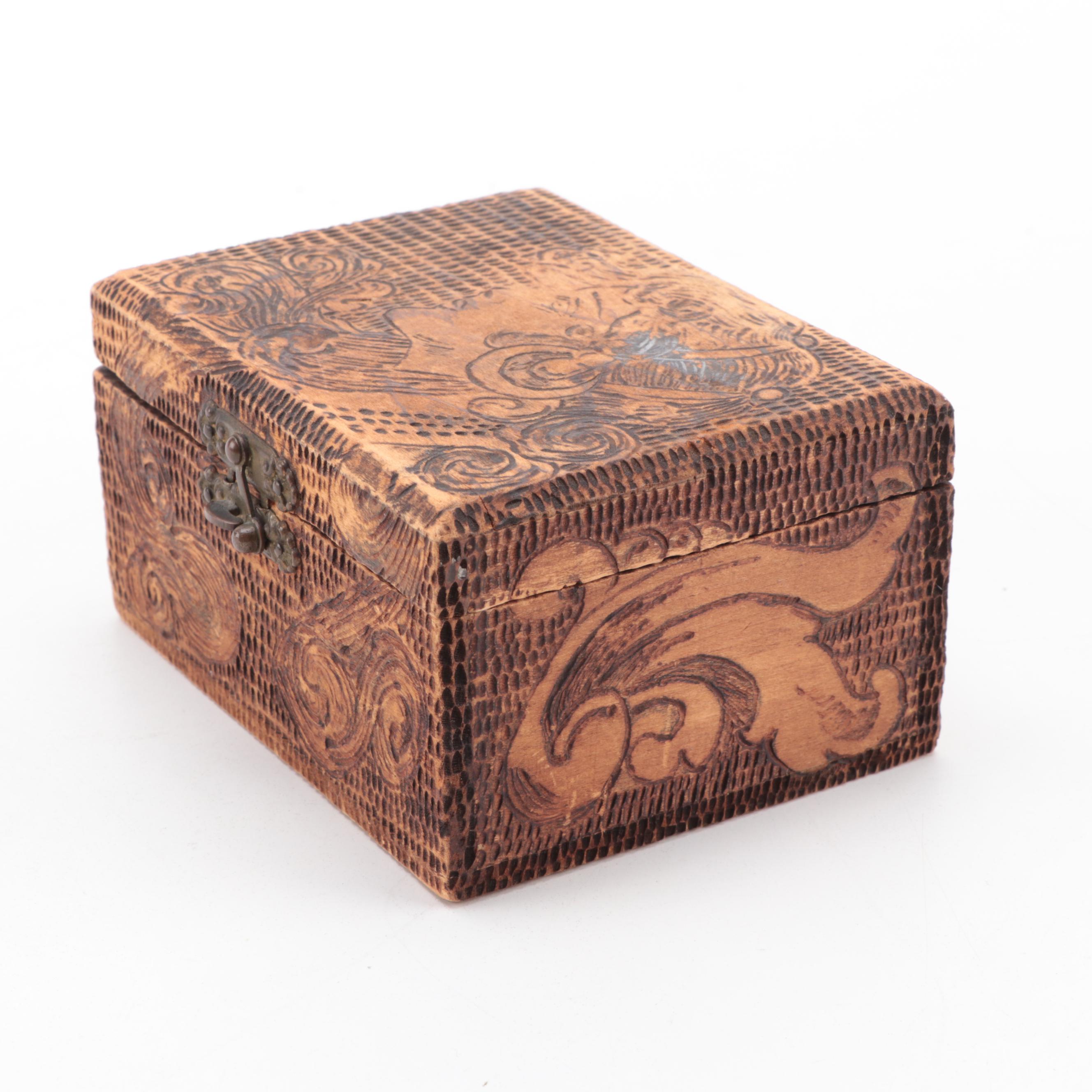 Flemish Art Co. Pyrography Trinket Box with Hand-Carved Hinged Wooden Boxes