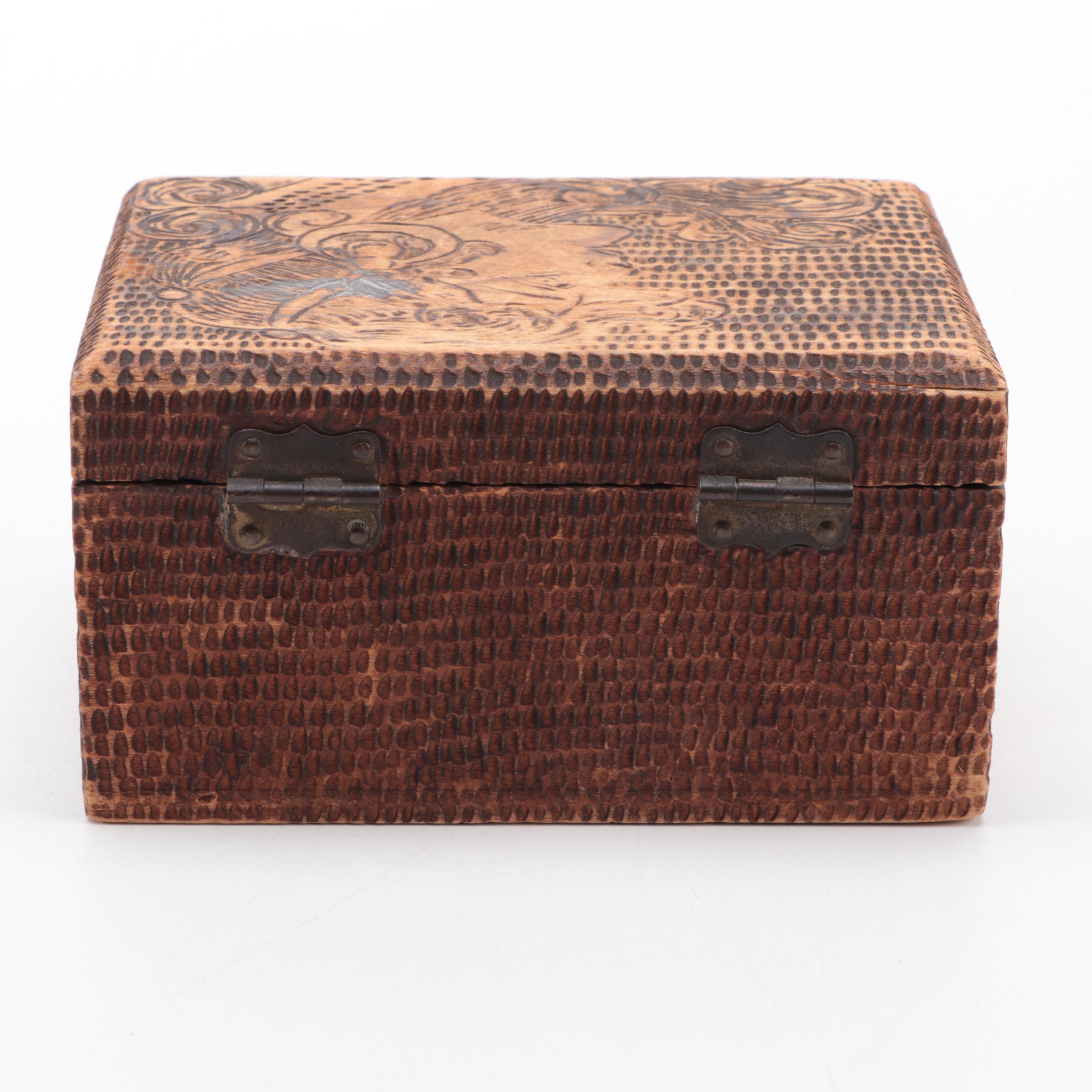 Flemish Art Co. Pyrography Trinket Box with Hand-Carved Hinged Wooden Boxes