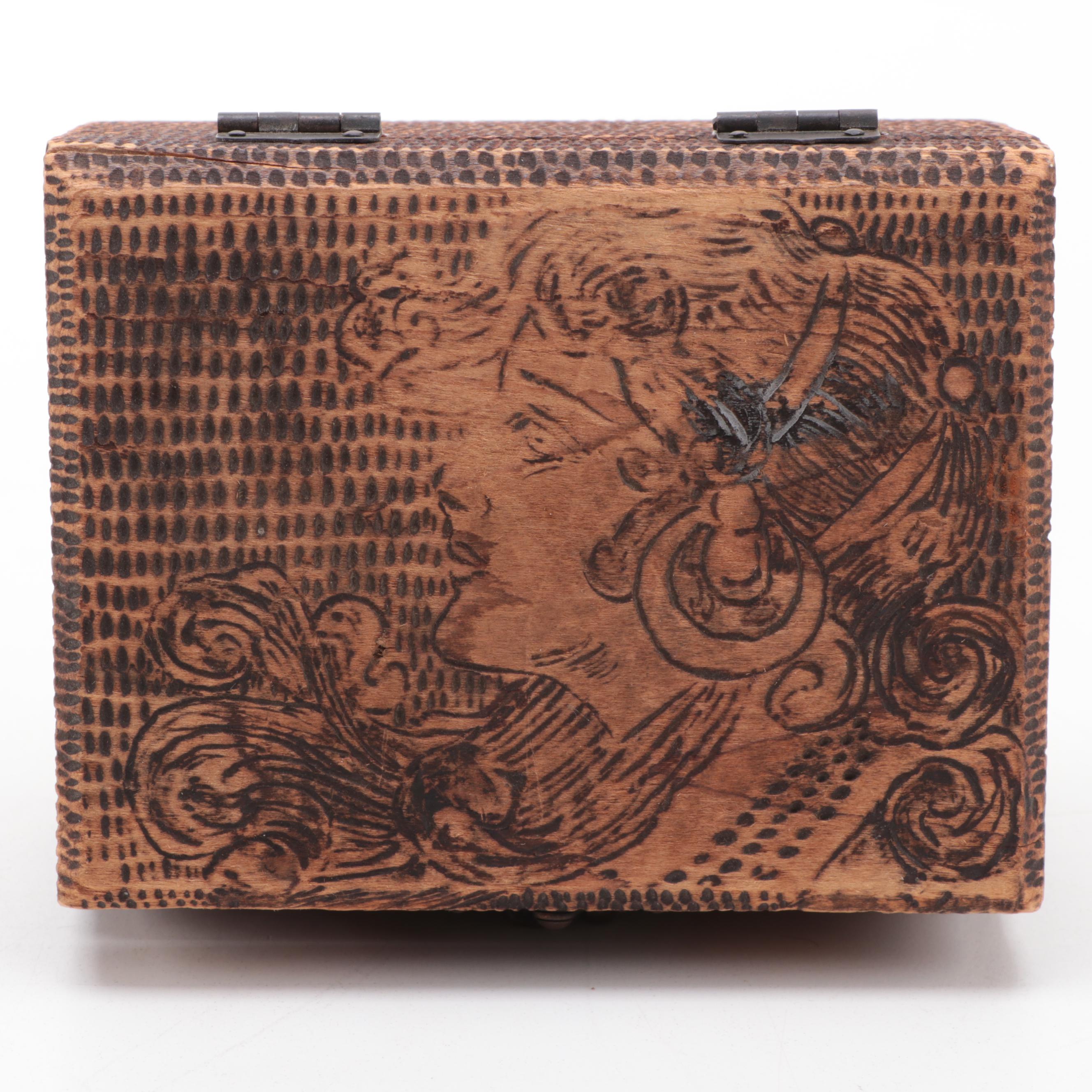 Flemish Art Co. Pyrography Trinket Box with Hand-Carved Hinged Wooden Boxes