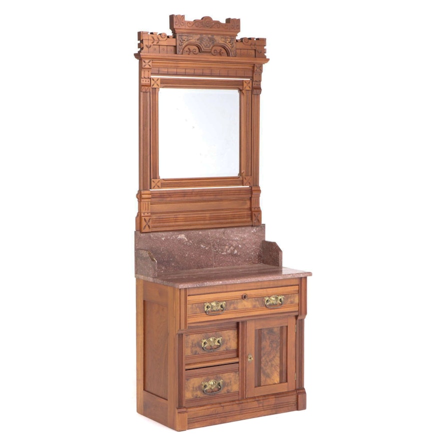 Victorian Walnut, Burl Walnut, and Rouge Marble Mirror-Back Washstand