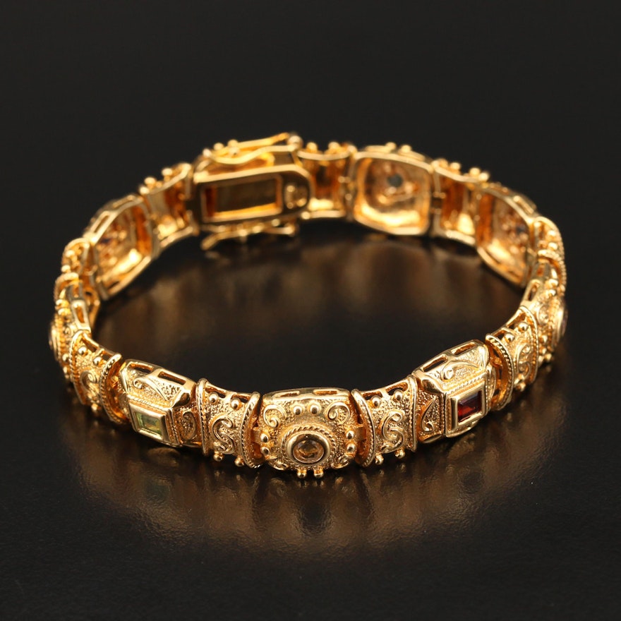 Etruscan Style Sterling Topaz and Gemstone Panel Bracelet