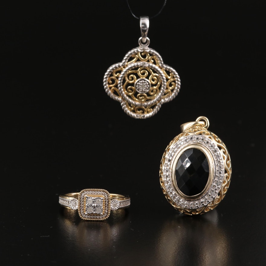 Sterling Silver Pendant and Rings Featuring Diamond, Black Onyx and White Topaz