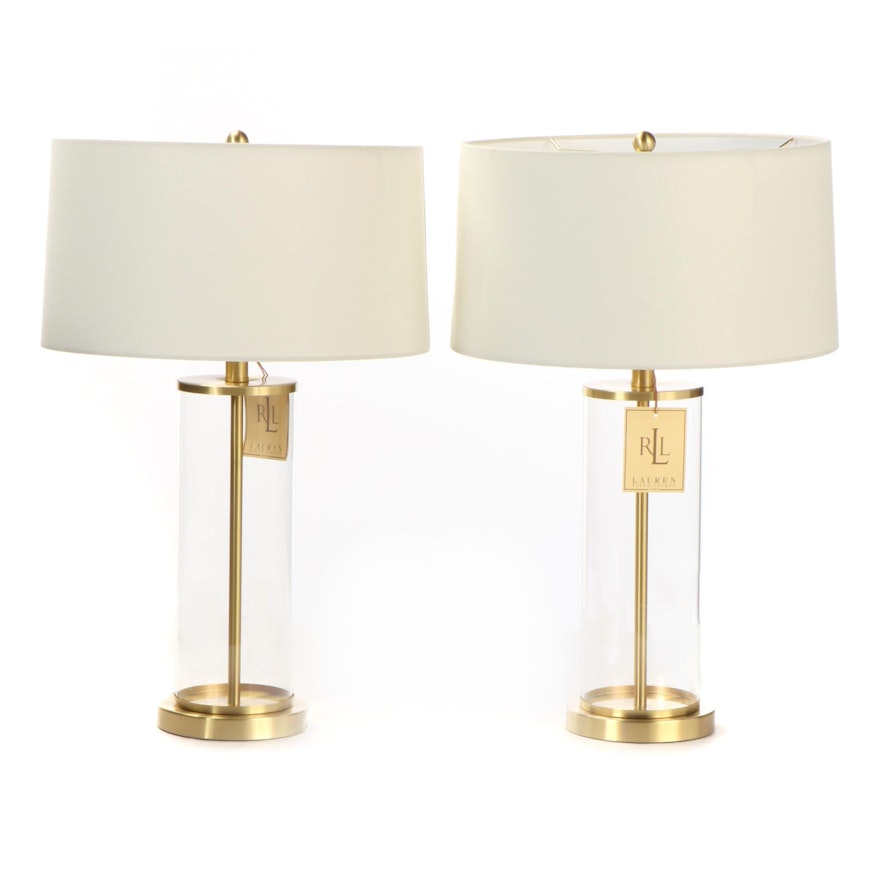 Ralph Lauren Glass and Brass Fillable Cylinder Table Lamps