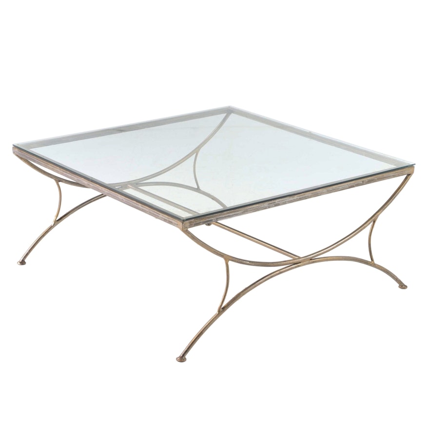 Neoclassical Style Patinated Metal and Glass Top Curule-Form Coffee Table