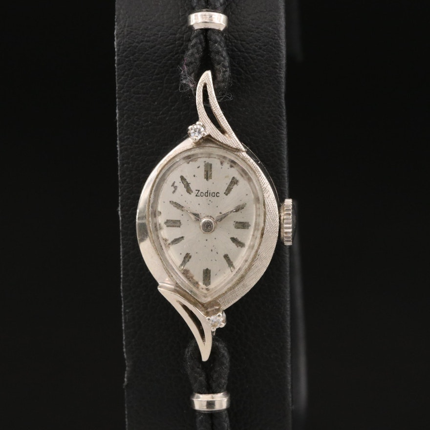 Vintage Zodiac Diamond and 14K White Gold Stem Wind Wristwatch