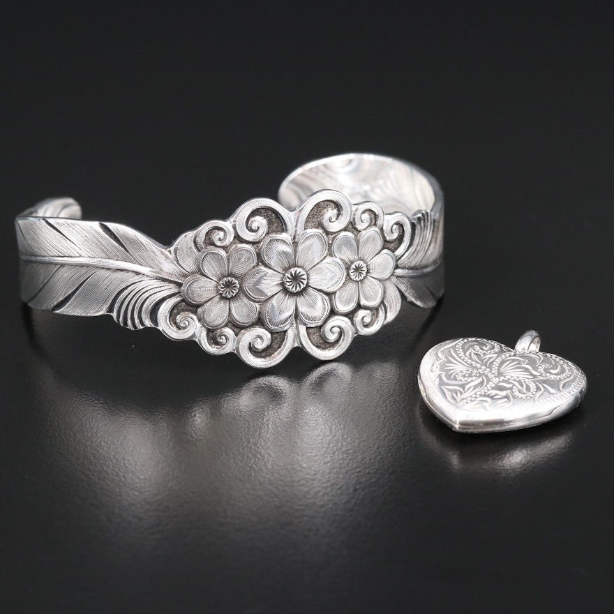 Sterling Silver Engraved Floral Cuff and Heart Locket