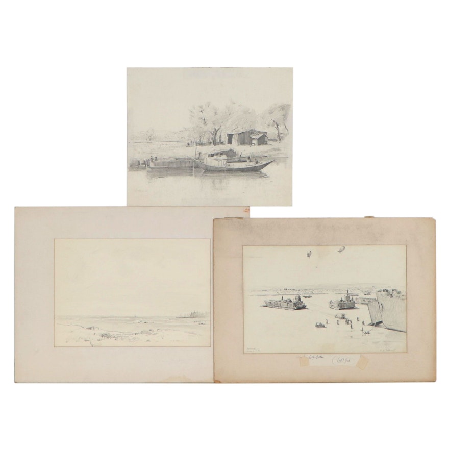 Edmond J. Fitzgerald Graphite Drawings Including "Normandy," Mid-20th Century