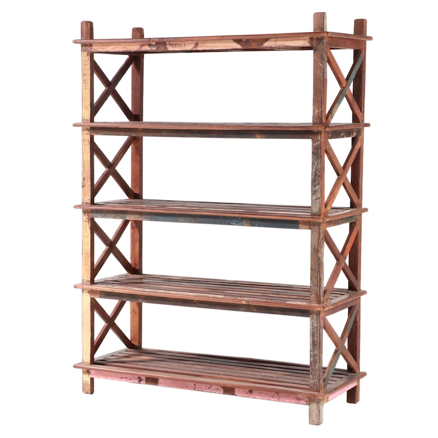 Reclaimed and Polychromed Hardwood Five-Tier Shelving Unit