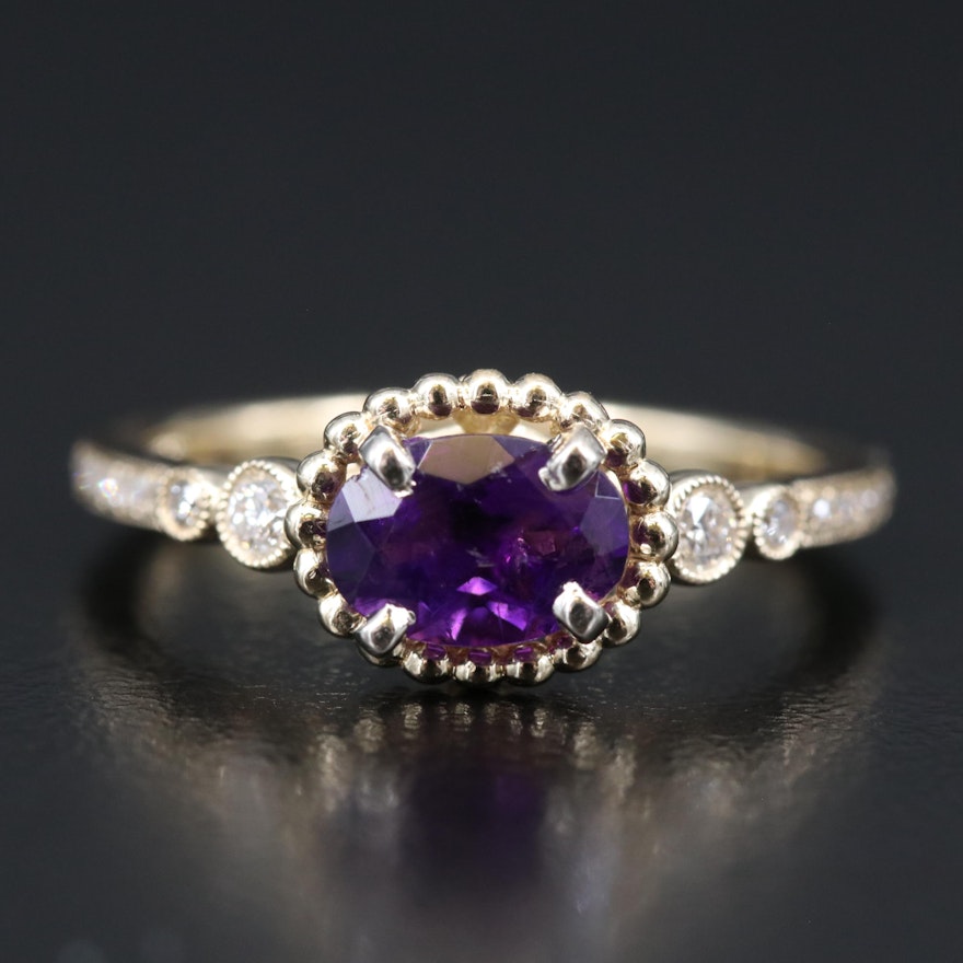 14K Amethyst and Diamond Ring with Milgrain Detail