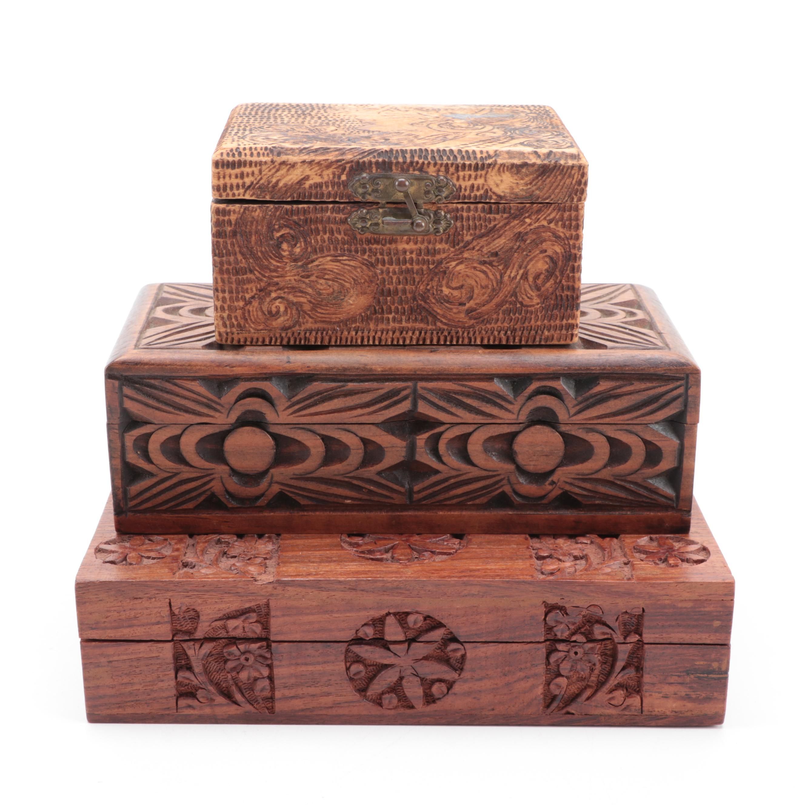 Flemish Art Co. Pyrography Trinket Box with Hand-Carved Hinged Wooden Boxes