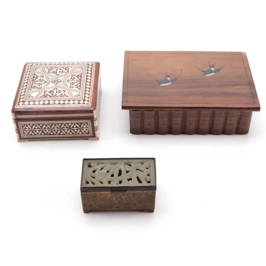 Chinese Brass Stamp Box with Carved Serpentine Lid, and More Decorative Boxes