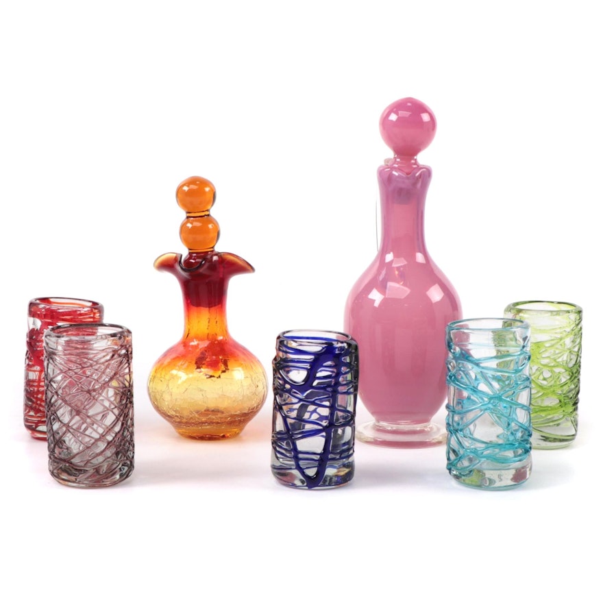 Amberina and Pink Glass Stoppered Bottles and Threaded Glass Drinkware