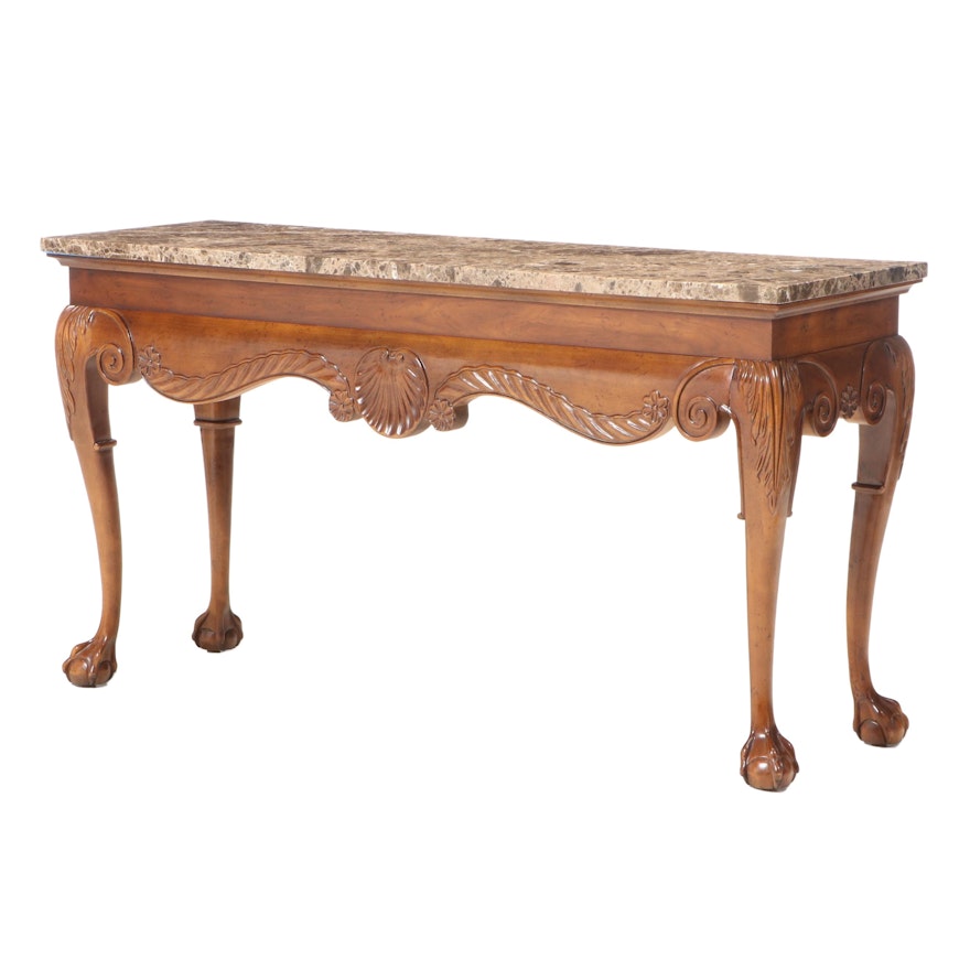 Chippendale Style Cherrywood-Stained and Marble Top Console Table