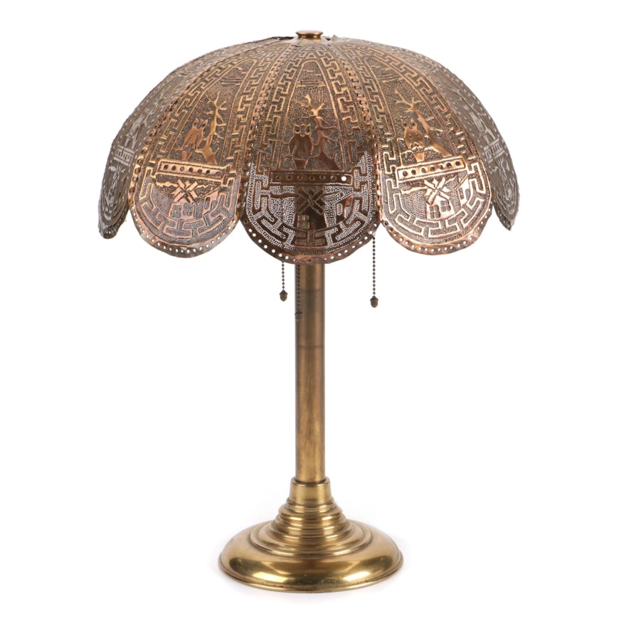 Brass Lamp with Punched Brass and Overlay Owl Theme Shade