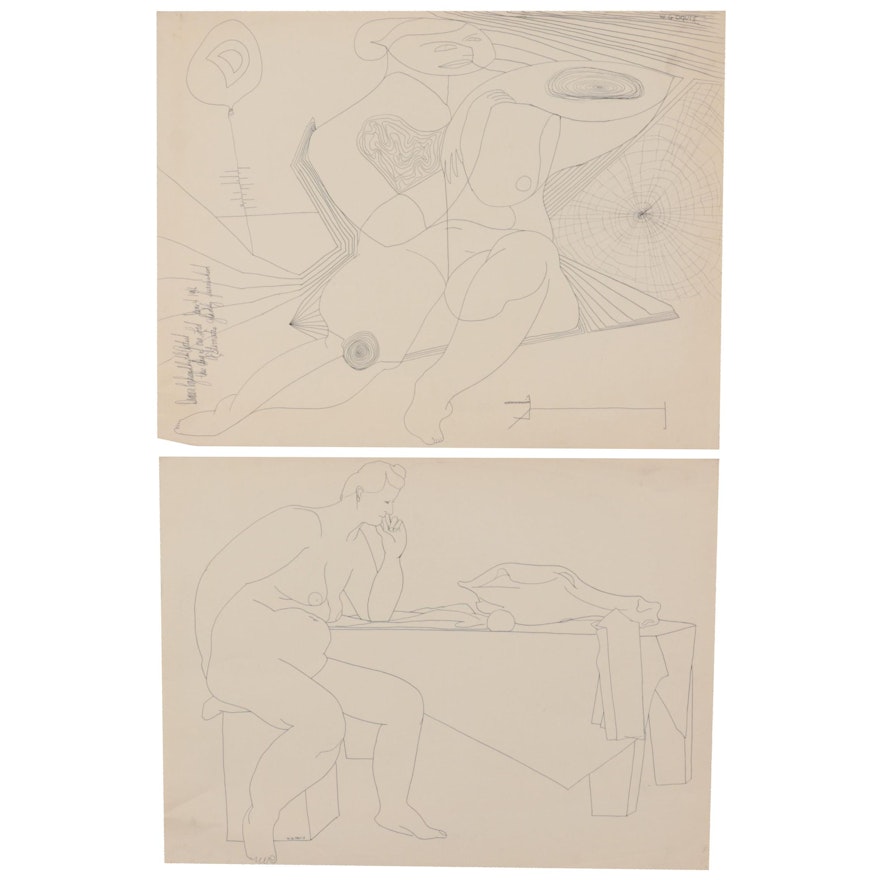 W. Glen Davis Figural Ink Drawings, Late 20th Century