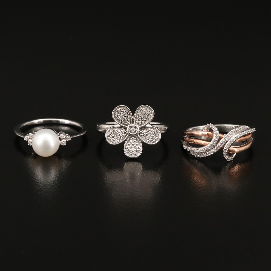 Sterling Silver Diamond and Pearl Rings Including 10K Accent