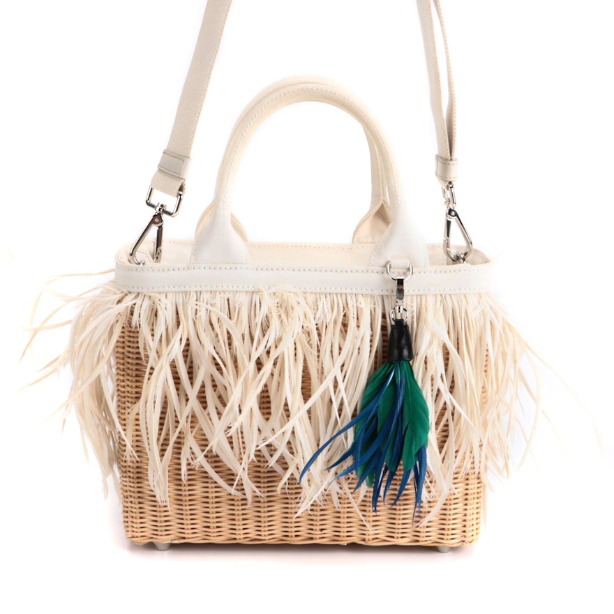 Prada Midollino Two-Way Bag in Woven Wicker and Leather with Feather Fringe