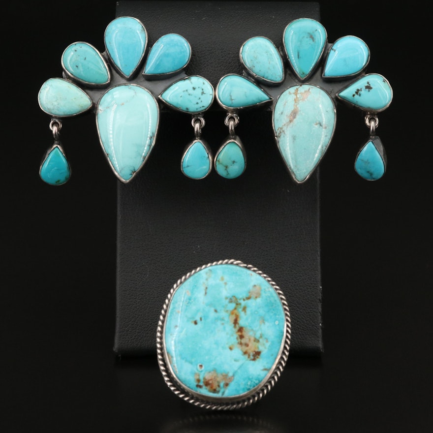 Federico Jimenez Sterling Turquoise Ring and Clip Earrings