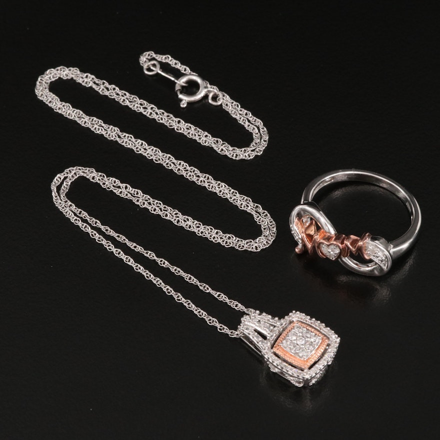 Sterling Silver Diamond "MOM" Ring and Pendant Necklace