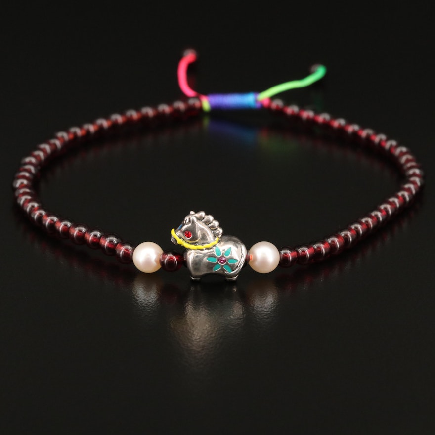 Sterling Garnet, Pearl and Gemstone Beaded Bolo Bracelet with Horse Charm