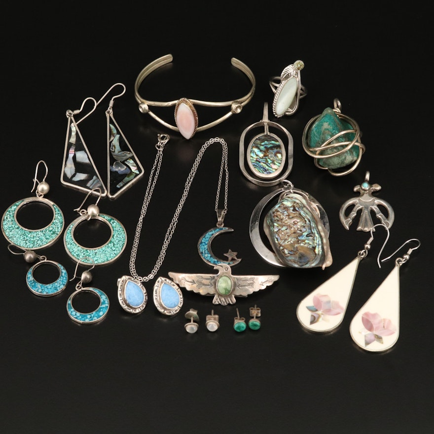 Jewelry Grouping Including Sterling, Abalone and Mother of Pearl