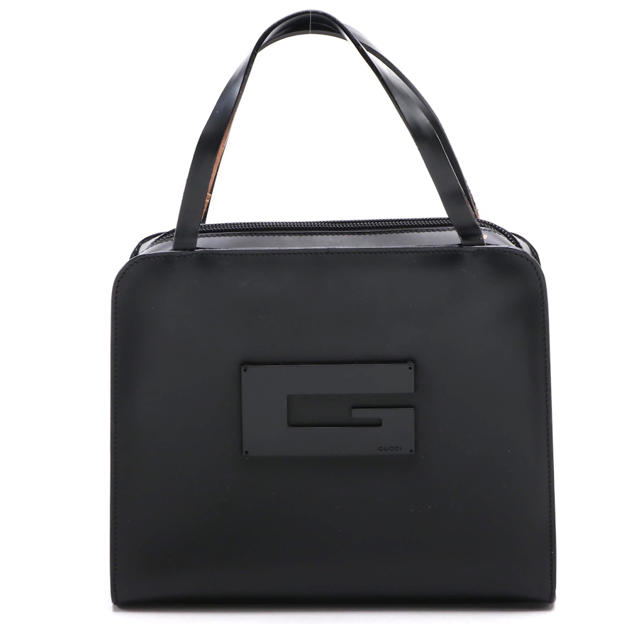 Gucci G Logo Top Handle Bag in Black Glazed Leather