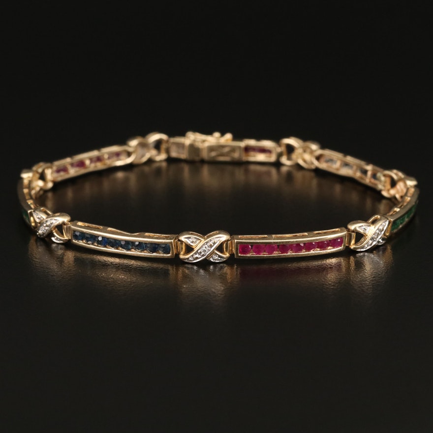 14K Sapphire, Ruby, Emerald and Diamond Bar Link Bracelet