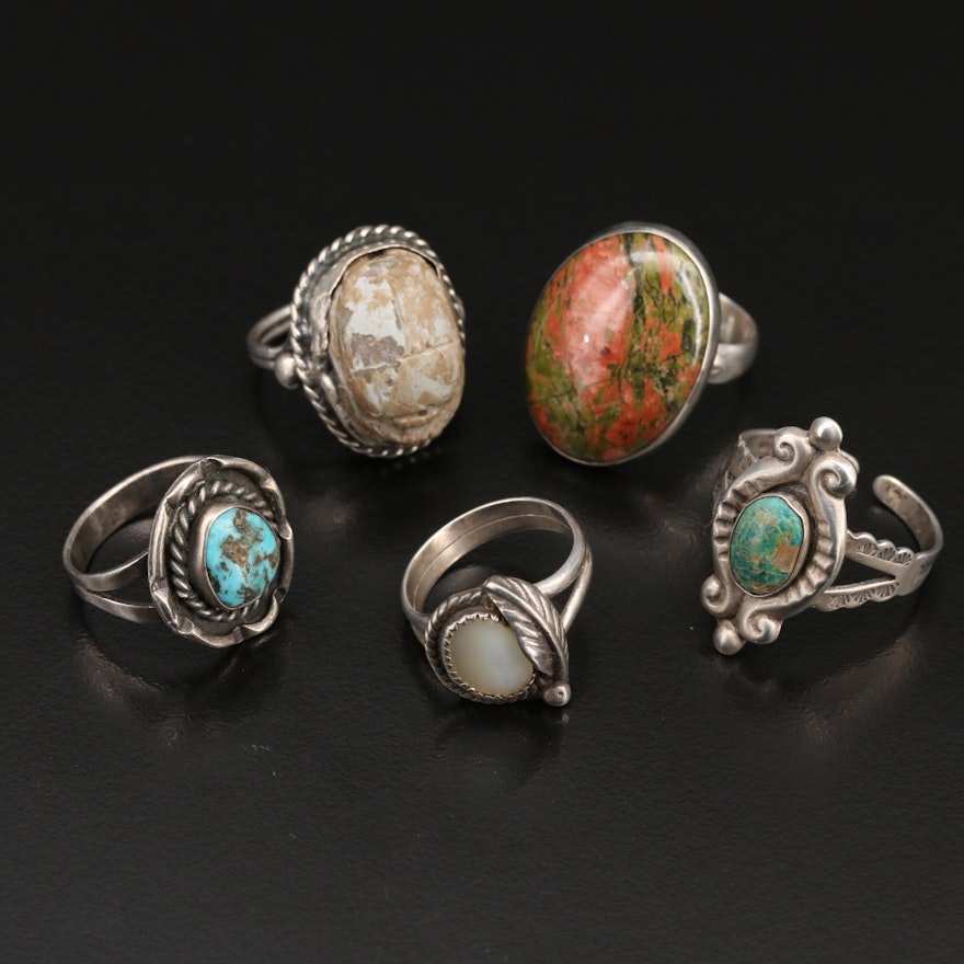 Sterling Turquoise and Gemstone Rings Including Faience Scarab Beetle