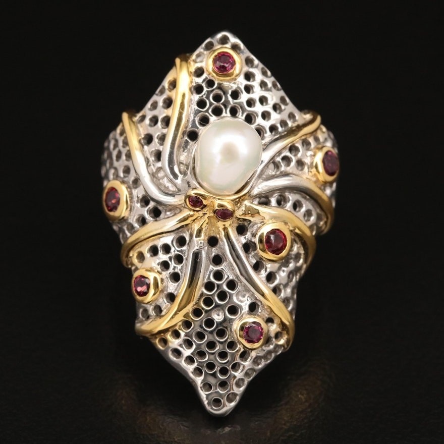 Sterling Silver Pearl and Garnet Octopus Pointer Ring