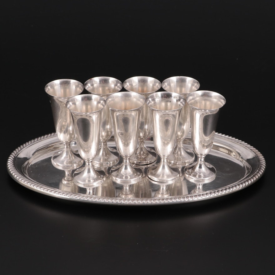 Gorham Sterling Silver Cordial Glasses and Tray, Mid to Late 20th Century