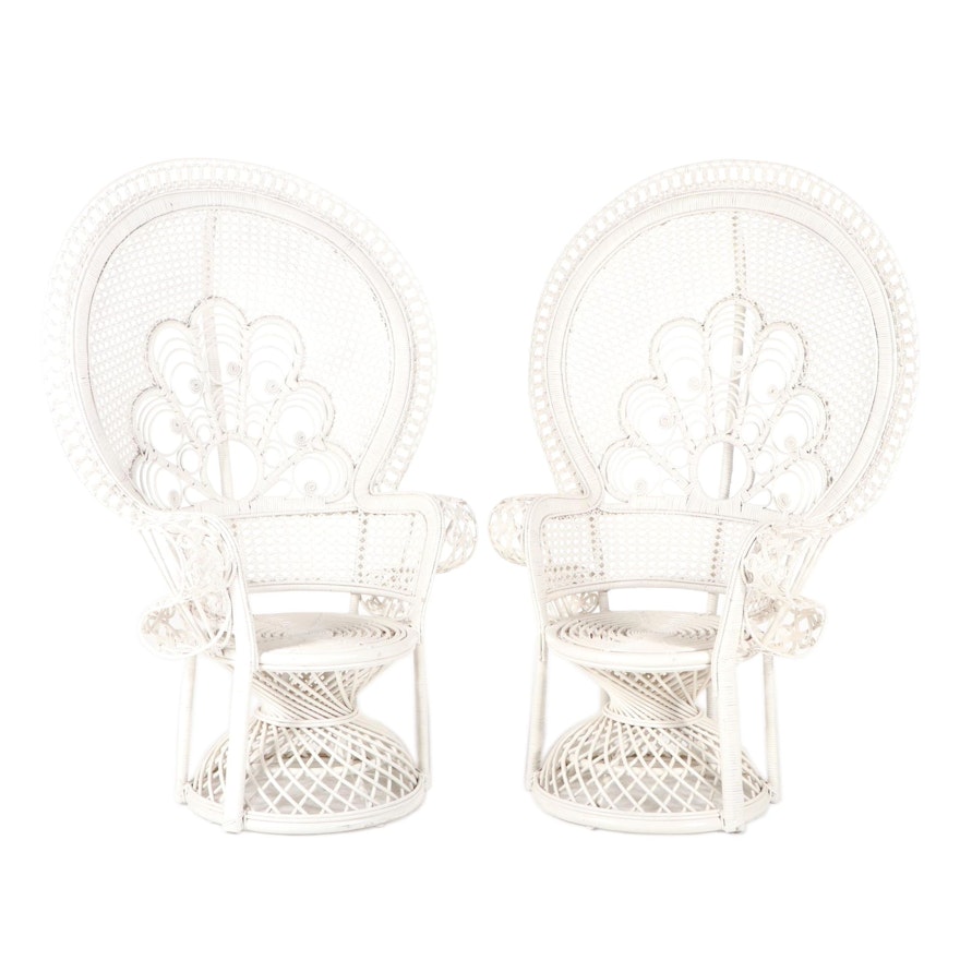 Pair of White-Painted Rattan and Bamboo Peacock Armchairs, Mid/Late 20th Century