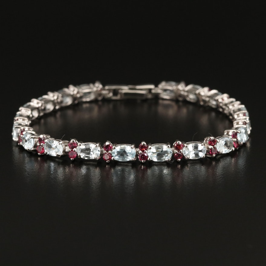 Sterling Silver Aquamarine and Rhodolite Garnet Line Bracelet